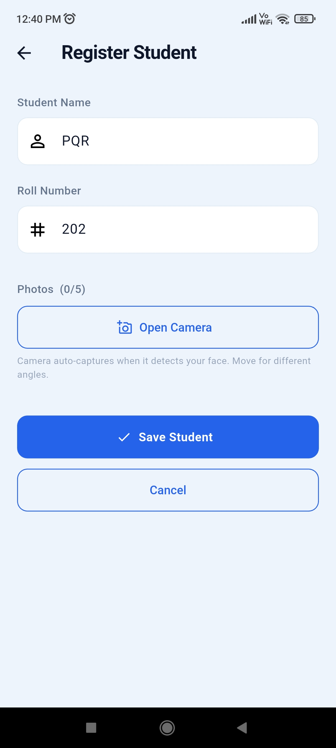 Student enrollment screen in the SenTree app