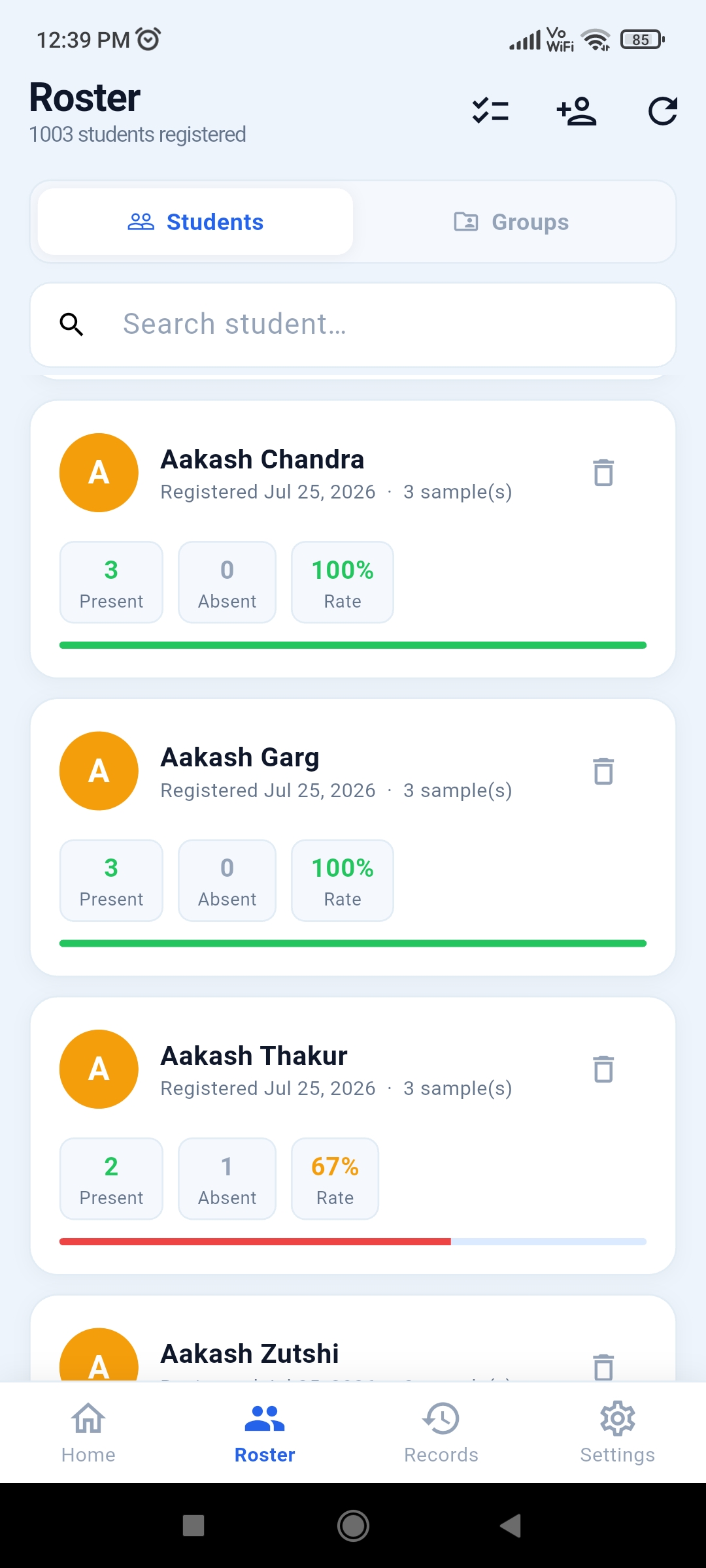 Group management screen in the SenTree app