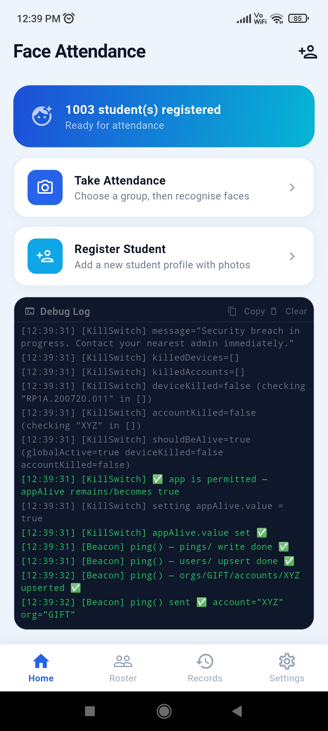 SenTree Android app recognising a student's face for attendance