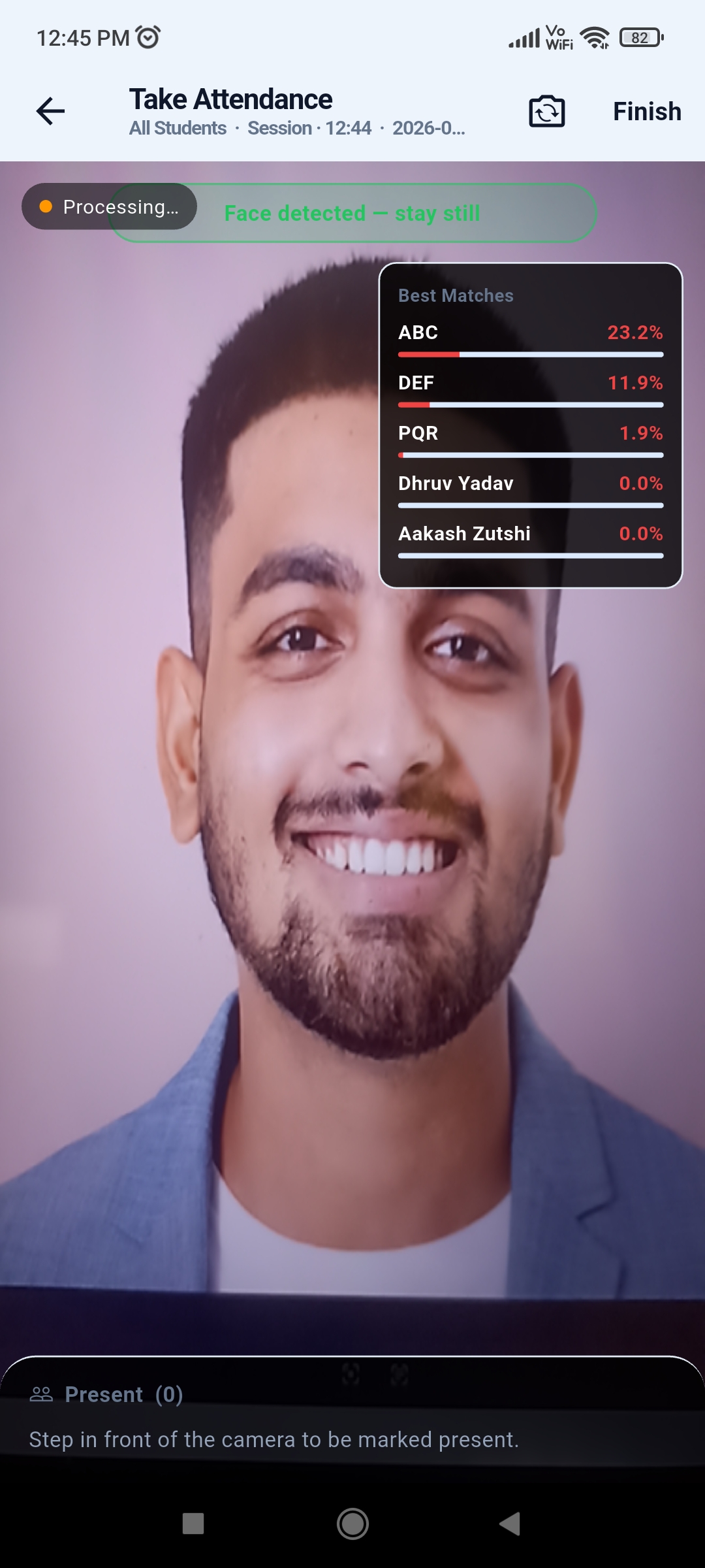 Live face recognition screen in the SenTree app